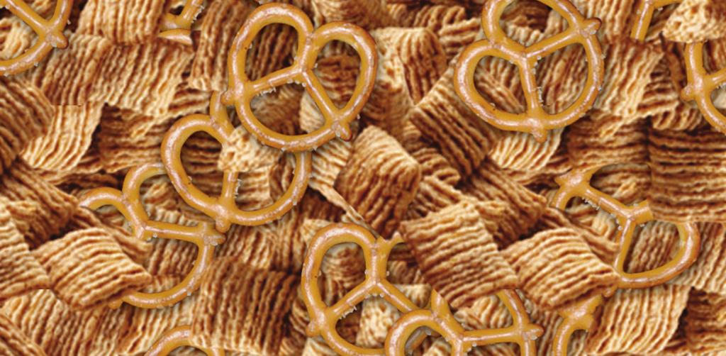 Zesty Garlic Crunch Snack Mix A mix of pretzels and toasted oatmeal squares topped with a zesty garlic blend.