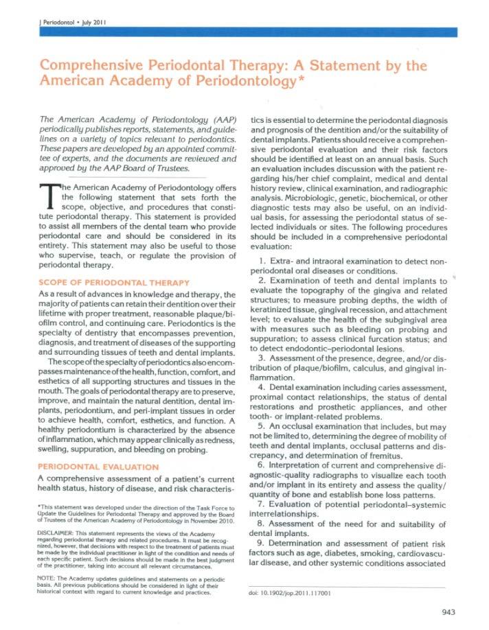 Comprehensive Periodontal Therapy: A Statement by the American Academy of Periodontology www.perio.