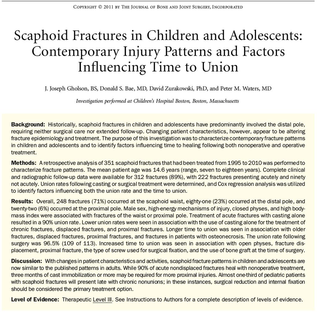 Contemporary perspective Gholson et al, JBJS 2011 351 scaphoid fractures 342 patients