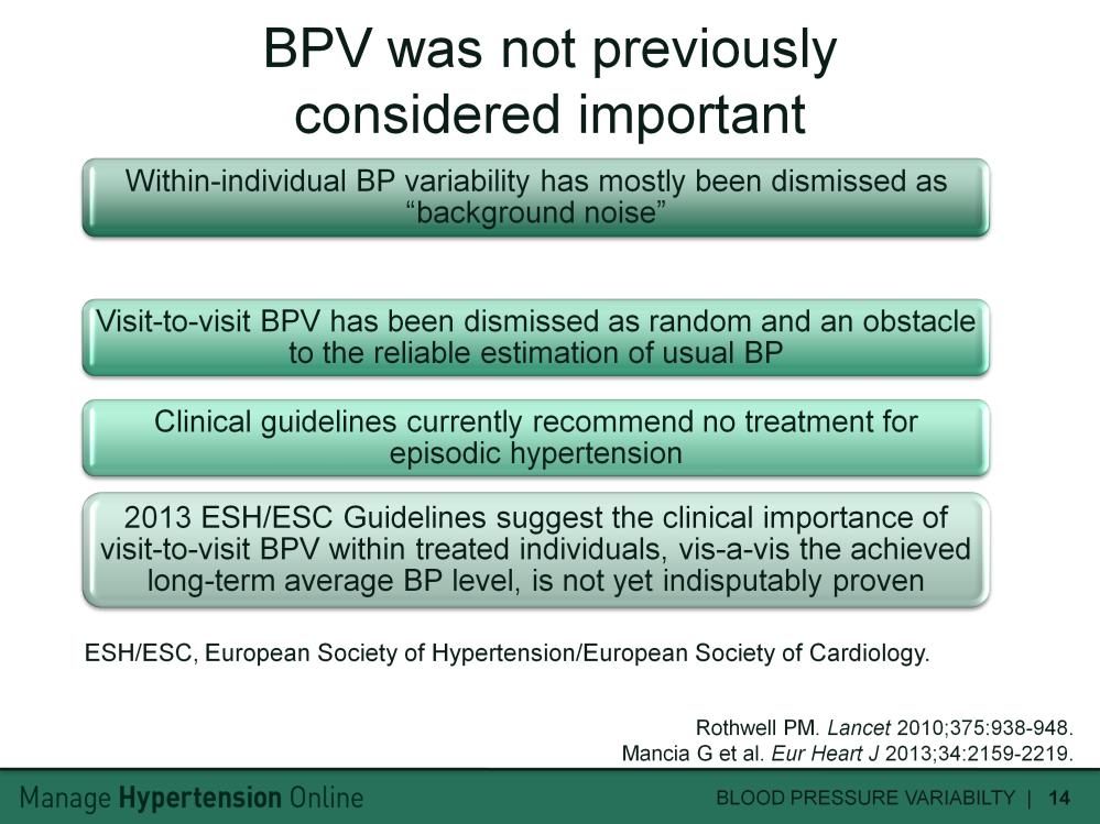 Although there has been awareness of blood pressure variability (BPV), the importance of this variable to clinical outcomes has not, historically, been considered important.