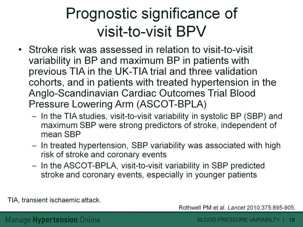 The relationship between risk of stroke and visit-to-visit variability in blood pressure (expressed as standard deviation) and maximum blood pressure was assessed in patients who had survived a
