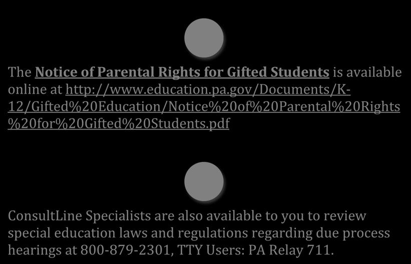 The Notice of Parental Rights for Gifted Students is available online at http://www.education.pa.gov/documents/k- 12/Gifted%20Education/Notice%20of%20Parental%20Rights %20for%20Gifted%20Students.