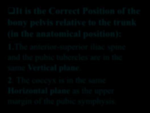 Orientation of the Pelvis It is the Correct Position of the bony pelvis relative to the trunk (in the anatomical position): 1.