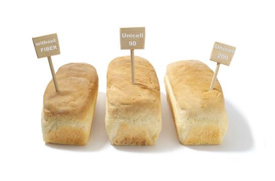 Comparison of bread: without fiber, with 90 μm fiber, 200 μm fiber Proposal Bread without fiber Bread with Unicell 90 Bread with Unicell 200 Size Colour Structure Moisture on second day Taste Weight
