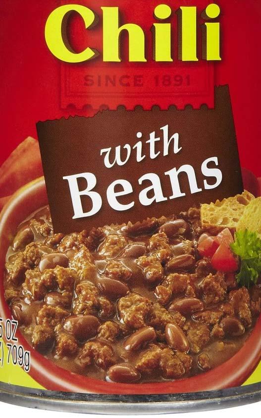 1602, if meat content is more than 20% 2106, if meat content is less than 20% Canned Chili with beans, Ingredients: water, beef, beans, concentrated crushed tomatoes, 2% or less of corn flour,