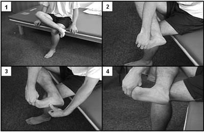 Plantar Fascia-Specific Stretching Program Cross your affected leg over your other leg. Using the hand on your affected side, take hold of your affected foot and pull your toes back towards shin.