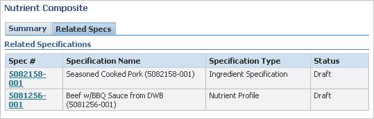 Related Specs Tab The Related Specs tab, shown in figure 1-12 below, lists all the GSM specifications that have imported this nutrient composite.