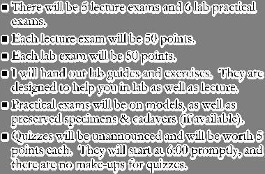 Examinations & Quizzes There will be 5 lecture exams and 6 lab practical exams.