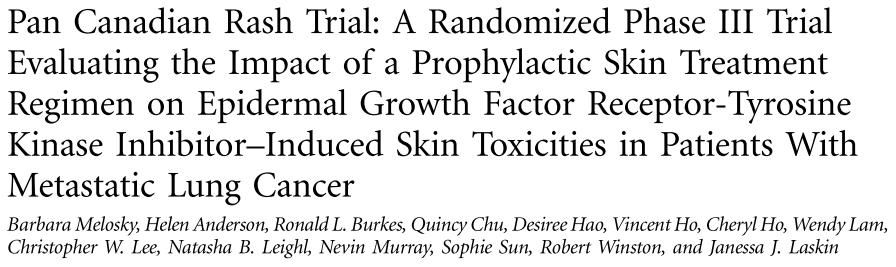 STEPP trial: incidence and time to first occurrence of grade 2 skin toxicities Probability (%) 1 0.8 0.6 0.4 0.