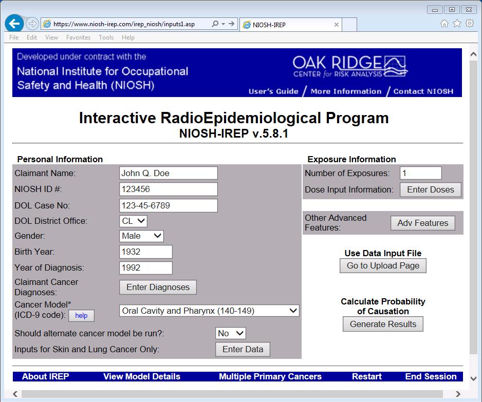 Interactive RadioEpidemiological Program (NIOSH-IREP) Page 8 STEP 4: Perform Calculation To calculate probability of causation, click the Generate Results button on the main input screen (Figure 7).