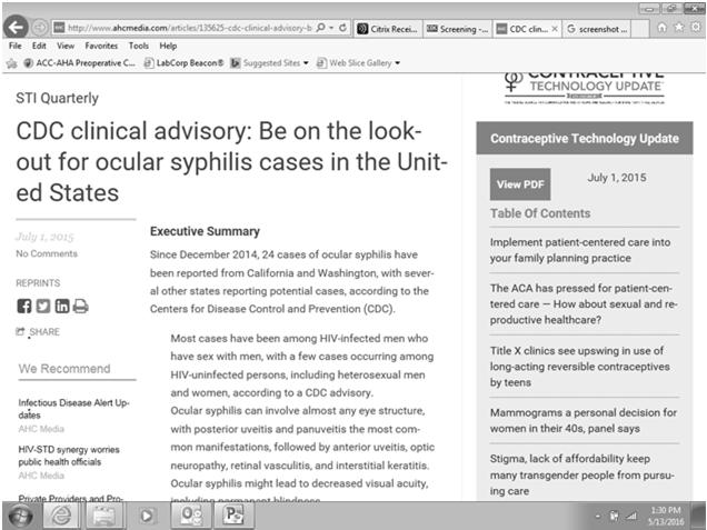 Ocular Syphilis Cases of ocular syphilis should be reported to your state or local health department within 24 hours of diagnosis.