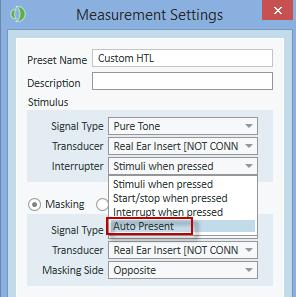decrease test procedure. In order to activate this technique, choose Auto Present from the Interrupter option in the Measurement Settings for Pure Tone Audiometry.