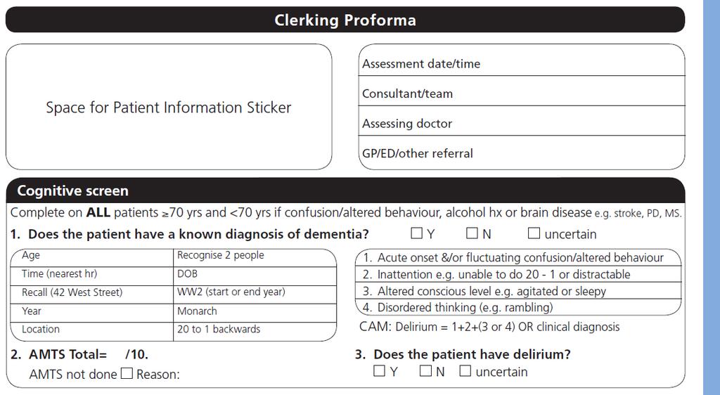 Cognitive screen/oxfordshire clerking proforma GPs informed of low AMTS (<9) and or delirium diagnosis
