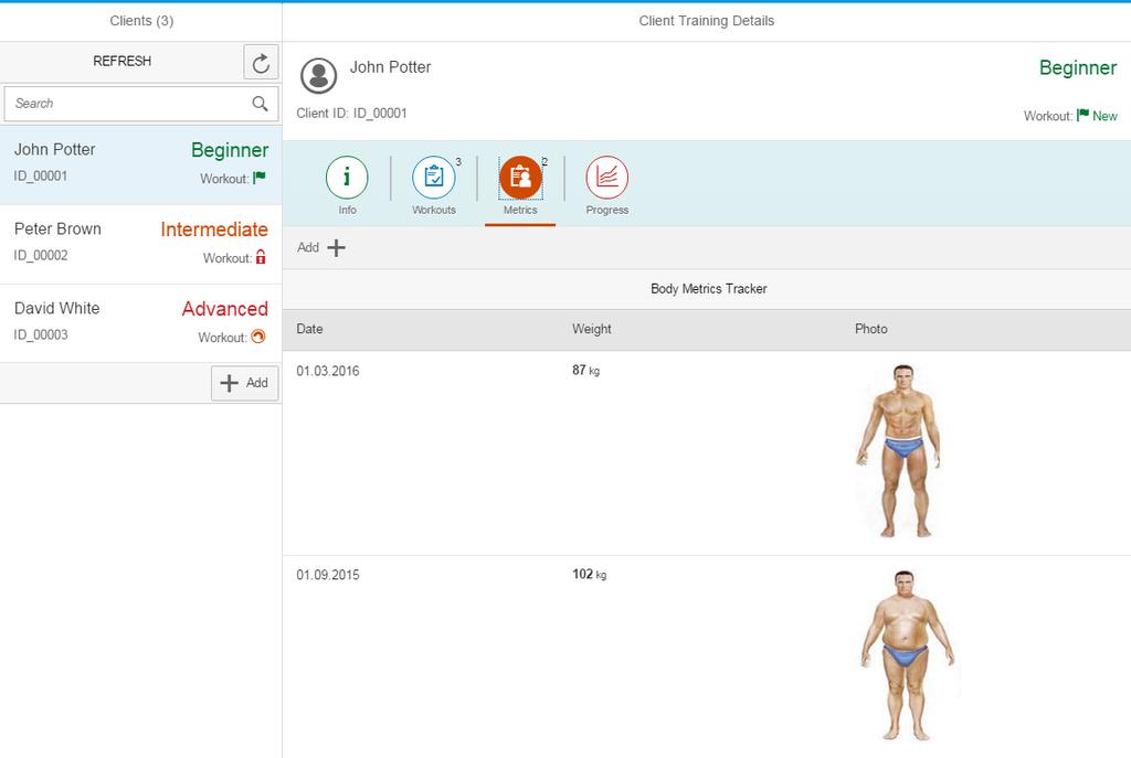 Mockup 3: Body Metrics Body Metrics Filter Bar Measurement date Photo to watch the visual progress Body weight 6