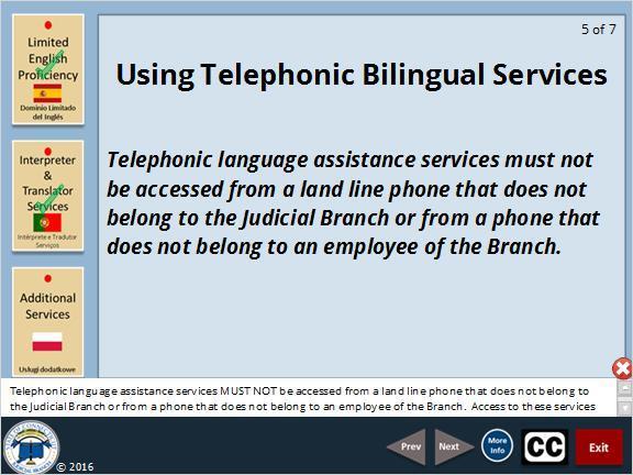 Telephonic language assistance services MUST NOT be accessed from a land line phone that does not belong to the Judicial Branch or from a phone that does not belong to an employee of the Branch.