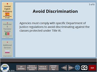 2.10 Avoid Discrimination Agencies must comply with specific Department of Justice regulations to avoid discriminating against the classes protected under Title VI.