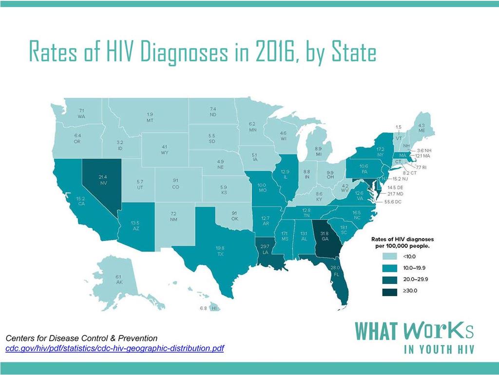 This map shows the rate of HIV diagnosis by state. As has been the case for most of the epidemic, CDC reports that most HIV cases occur in metropolitan areas.