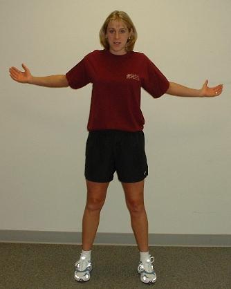 position, continue arm swing but now bend elbows to 90 degrees, then slowly straighten arms to overhead position while continuing arm swing motion, then slowly lower arms through each position back