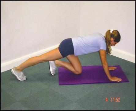 STRETCH: Kneeling gastrocnemius Adopt a press up position Rest one knee on mat with the opposite leg straight Maintain