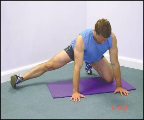 Adopt a kneeling position on an exercise mat Position trunk horizontally to ground with both hands in