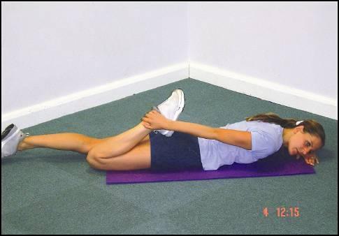stretch STRETCH: Prone quadriceps Adopt a pronated position on an exercise mat Involved knee is flexed, but