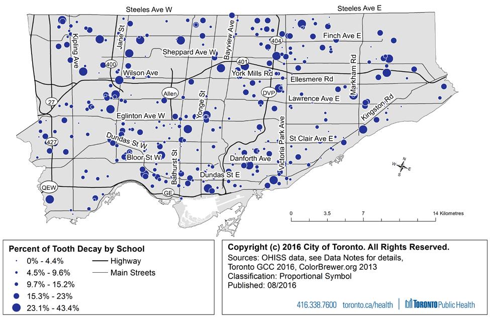 Toronto School Comparisons Schools in North Etobicoke, North York, North Scarborough and parts of the downtown core had a higher prevalence of tooth decay.