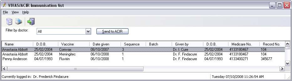 Display and print ACIR / Vivas Register Select Utilities > Vivas/ACIR from the main Best Practice screen.