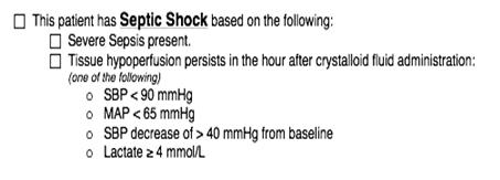 CMS Definitions 3 hour bundle Sepsis 3 hour bundle: Measure lactate Obtain blood cultures Administer antibiotics 30 ml/kg crystalloids 6 hour (shock) Bundle Apply vasopressors (for hypotension that