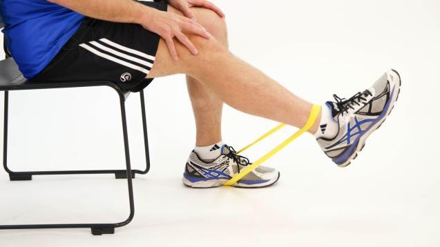 2A) Seated Leg Extension (thigh muscles) Equipment: Exercise band (tie band to form a loop), chair Step 1: Sit back in a chair and place one end of the loop under your left foot and the other