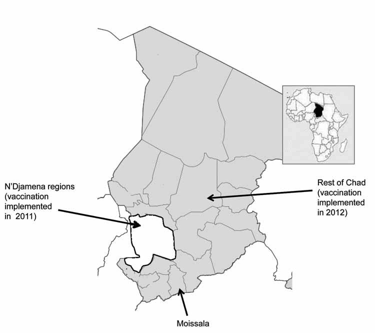 DISPATCHES Figure 1. Areas of Chad in which vaccination with serogroup A meningococcal polysaccharide/ tetanus toxoid conjugate vaccine was implemented in 2011 (white) and 2012 (gray).