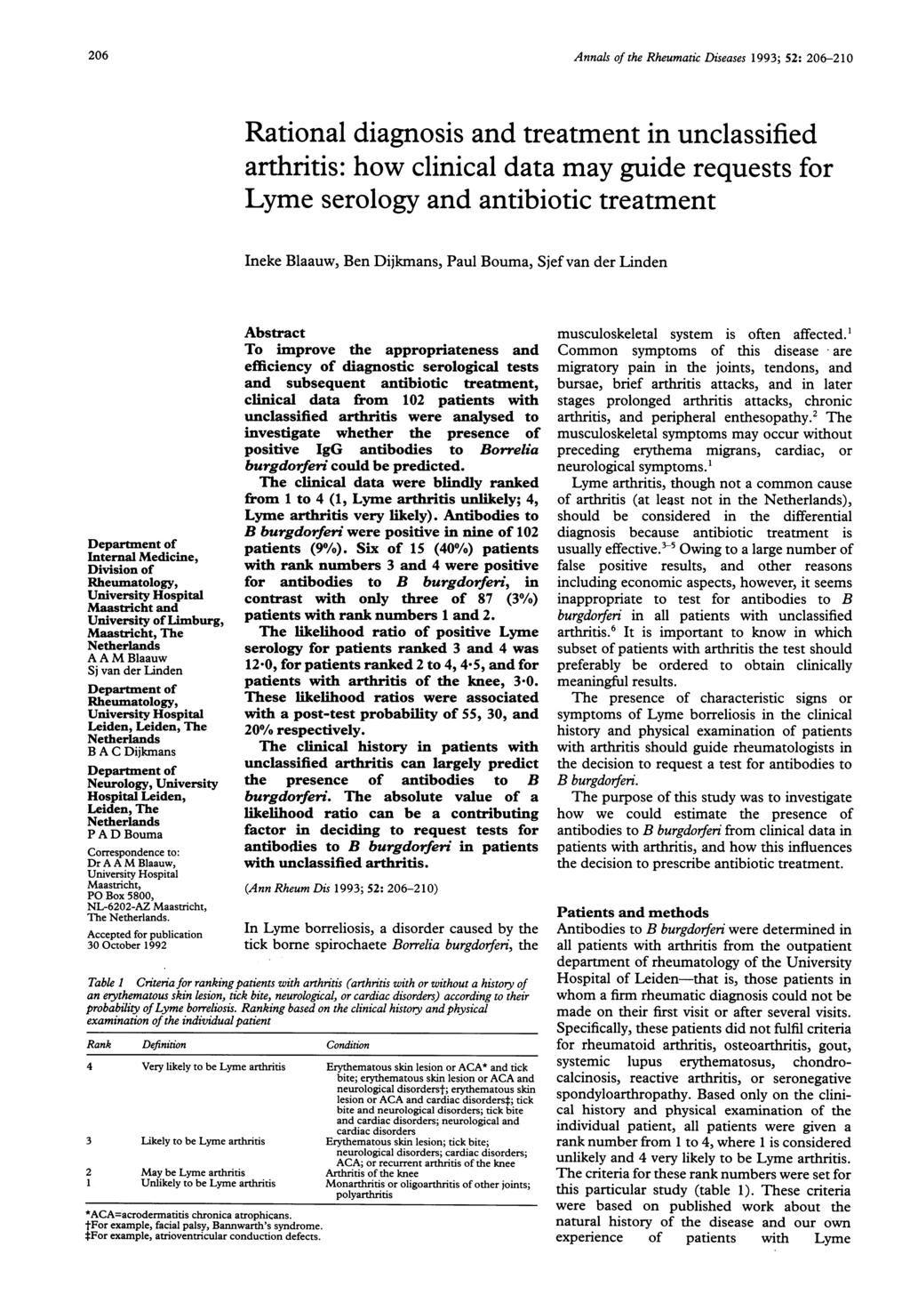 6 Annals of the Rheumatic Diseases 1993; 52: 6-210 Internal Medicine, Division of Rheumatology, Maastricht and University of Limburg, Maastricht, The A A M Blaauw Sj van der Linden Rheumatology,