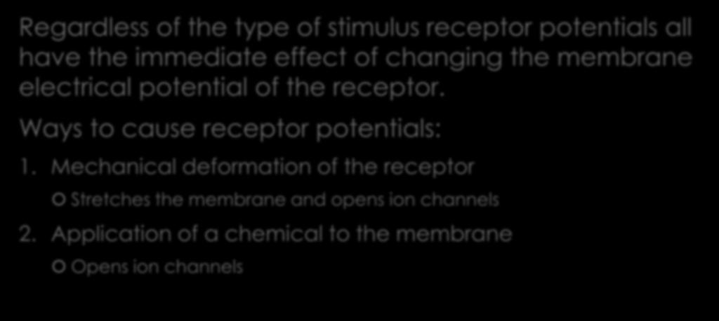 Receptor Potential Regardless of the type of stimulus receptor potentials all have the immediate effect of changing the membrane electrical potential of the receptor.