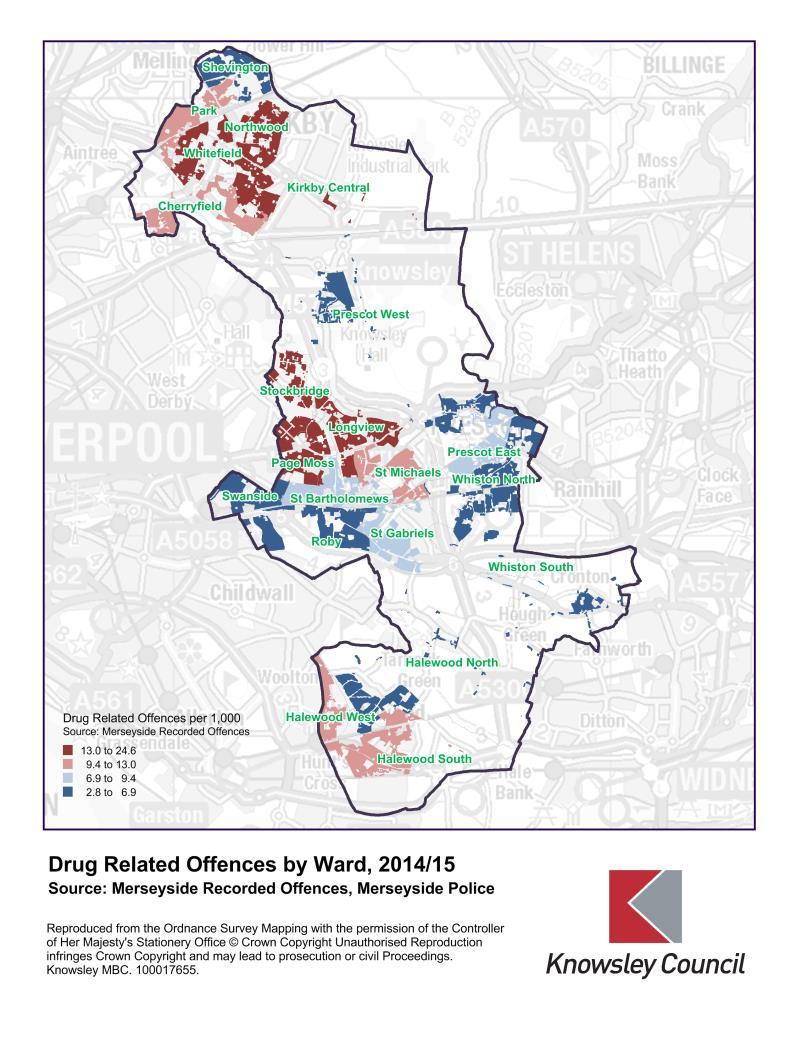 4.3 Crime - Drug Related Offences In 2014/15, there were 8,423 drug offences recorded across Merseyside, with offences comprising of possession, production and supply of drugs.