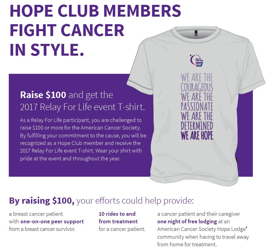 Hope Club All registered participants who raise $100 by the t-shirt deadline (May 3, 2017), will automatically receive the Hope Club T-Shirt.