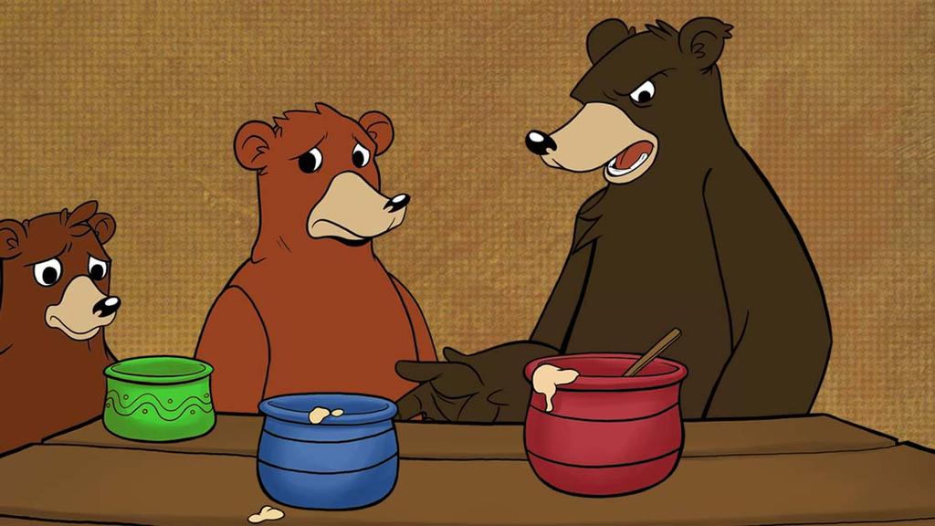 By this time the Three Bears thought their porridge would be cool enough; so they came home to breakfast. Now Goldenlocks had left the spoon of the Great, Huge Bear standing in his porridge.