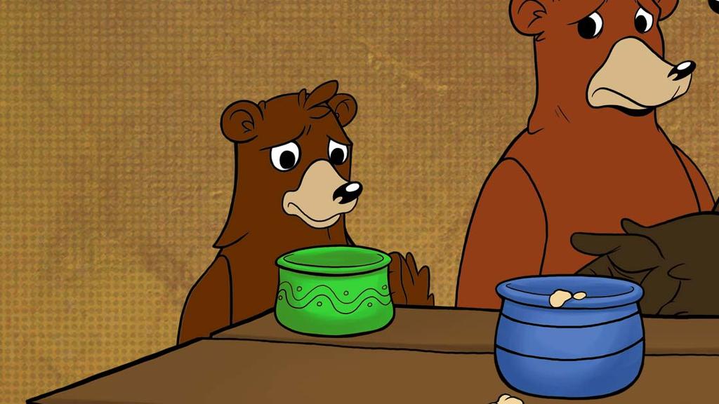 Then the Little, Small, Wee Bear looked at his, and there was the spoon in the porridge-pot, but the porridge was all gone.