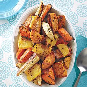 Roasted Vegetables Serves 3 Ingredients: - 2 large carrots - 1 large parsnip - 1 large sweet potato