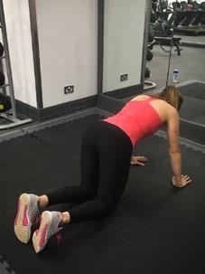 3B. GLUTE KICKBACK 4 x 10 reps per leg 60 seconds Donkey kicks, Clamshells Kneel on a mat on all fours. Keep a 90-degree bend in both legs throughout.