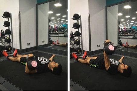 5A. KETTLE BELL FLOOR PRESS 3 x 6-8 steps per arm 10 seconds Dumbbell floor press, Push up Lie back on the floor with a kettle bell in your hand in line with the bottom of your chest.