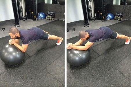 5B. SWISS BALL ROLLOUTS 4 x 4-8 reps 60 seconds Swiss Ball Mountain Climber Get into a plank position with your elbows resting on a swiss ball and your feet firmly planted on the floor.
