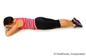 How to do the exercises 1. Rest on belly slide 1 of 4 1. Lie on your stomach, face down, with your head turned to the side. Place your arms beside your body.