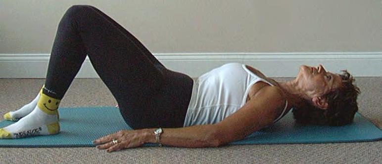 Bridge Lie on back with knees bent and feet flat on the floor From a pelvic tilt position and maintaining abdominal hollowing, squeeze buttocks and slowly raise pelvis