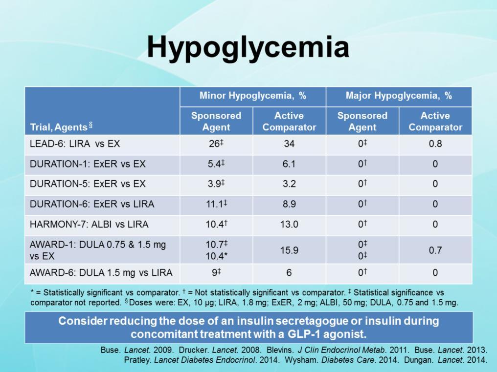 Rates of minor and major hypoglycemia were important safety measures in GLP-1 agonist clinical trial programs.