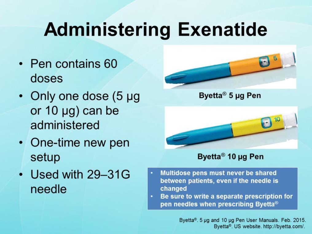 Exenatide (Byetta ) is administered with a disposable pen that is similar to an insulin pen. There are 2 different pens, each dispensing 60 exenatide doses.