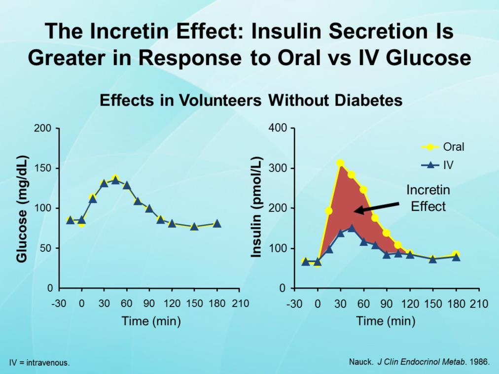 As just mentioned, the incretin effect is the phenomenon by which oral ingestion of glucose provokes a greater insulin response than IV administration of the same amount of glucose.