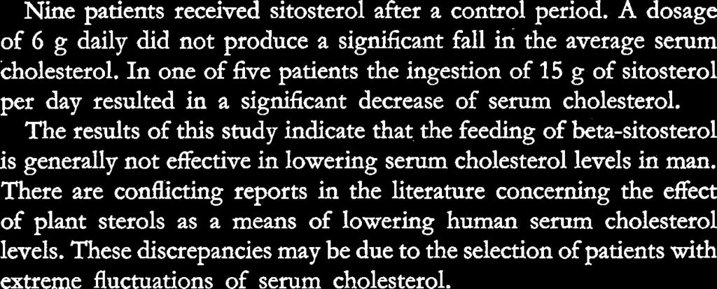 The results of this study indicate that the feeding of beta-sitosterol is generally not effective in lowering serum cholesterol levels in man.