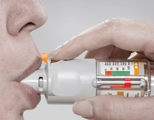 Administer Medication Dose O- Open the inhaler by flipping the orange cap open.