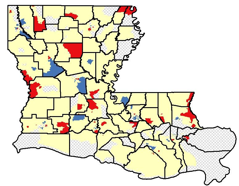 Figure. Comparison of Cancer Incidence Rates of Individual Census Tracts with Louisiana, Lung & Bronchus, 006-04 The rate is statistically significantly lower than Louisiana.