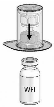 2. Remove the caps from the powder vial and the water vial and clean the rubber stoppers with an alcohol swab. 3. Peel away the lid of the outer package of the Mix2Vial.