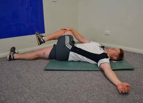 Lying Glute-Medius Stretch (hold for 15 seconds per leg) With both legs straight, bring one knee to your chest and then bring it across